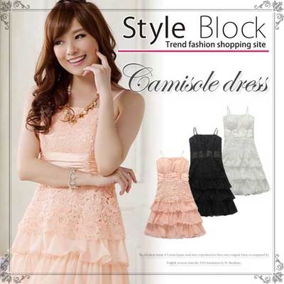 キャミソールレース三段フリルミニパーティードレス