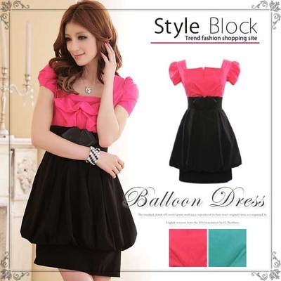 バイカラーエレガント半袖リボンワイトベルト付きパーティードレス