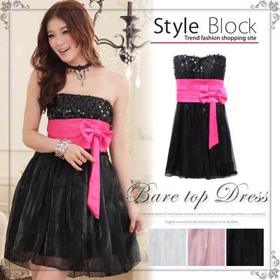 胸元スパンコールリボン透明肩紐付きチュールパーティードレス