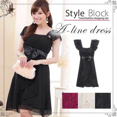 シフォン爽やか袖付きショットパーティードレス