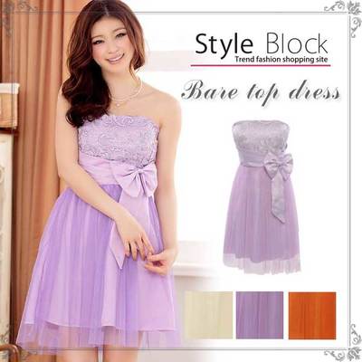 リボンプリーツティアード胸元レースポリエステルチュールパーティードレス