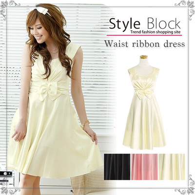 エレガントリボンノースリーブパール光沢ポリエステルパーティードレス