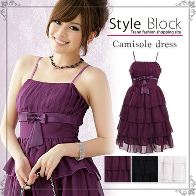 プリーツ3段フリルティアードポリエステルパーティードレス