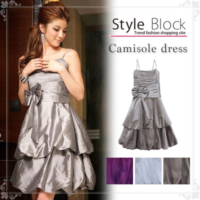 エレガントプリーツティアードウエストリボンポリエステルバルーンパーティードレス