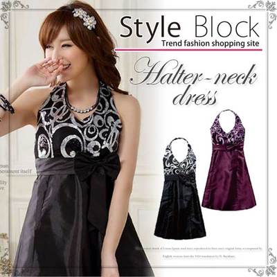 ホルターネックスパンコールミディアム丈パーティードレス