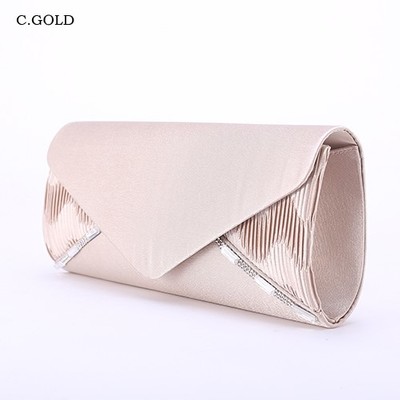 ラインストーンとサテンプリーツのパーティークラッチバッグ