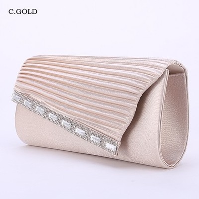 ラインストーンとサテンプリーツのパーティークラッチバッグ