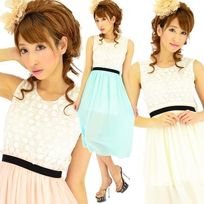 小花刺繍シフォンスカートミディアム丈パーティードレス