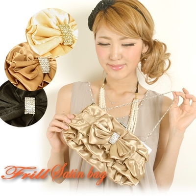 ストーン付きリボンフリルサテンがま口パーティークラッチバッグ