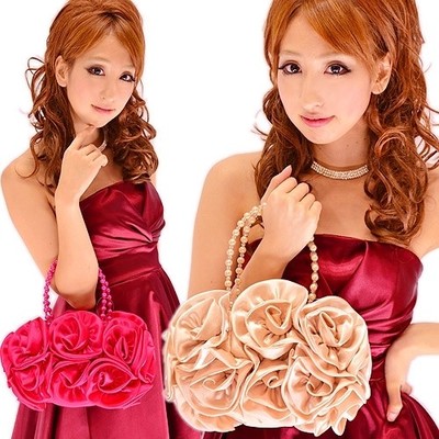 パールハンドルローズコサージュパーティークラッチバッグ