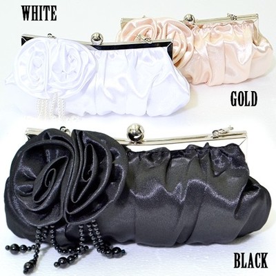 バラコサージュパールアクセ付きがま口パーティークラッチバッグ