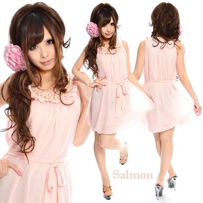 パールネックシフォンフリルバルーンミニパーティードレス