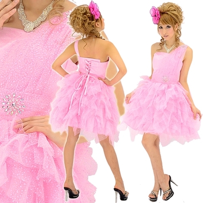 ラメチュールビーズワンショルダーパーティードレス