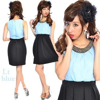 Uネックビーズ刺繍バイカラーミニパーティードレス