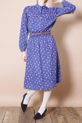 VioletBlue×Pink×Yellow レトロSquare襟Flower柄ワンピース