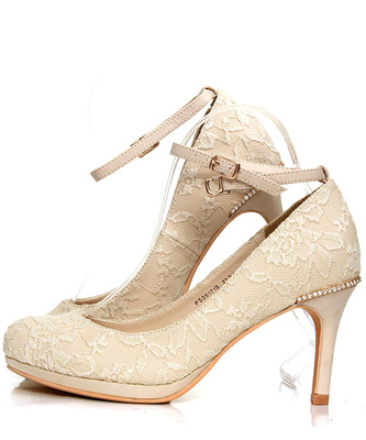 RANDA （ランダ）レースマテリアルビジューヒールパンプス