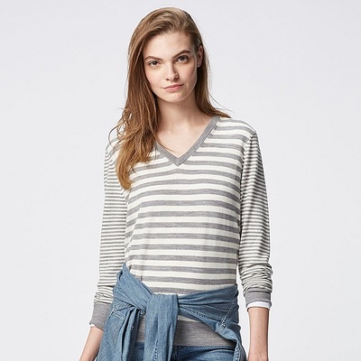 エクストラファインメリノボーダーＶネックセーター（長袖）