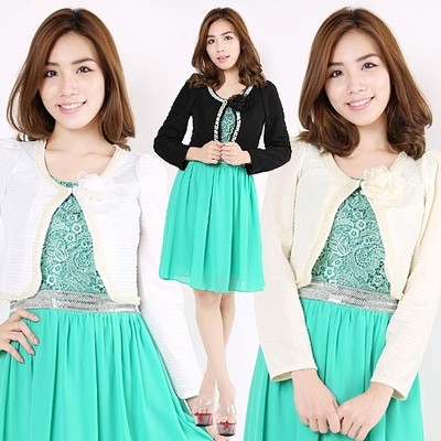 コサージュ付きパール縁取りジャケット風パーティーボレロ