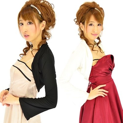 フレアー袖エステルミニ丈長袖ボレロ