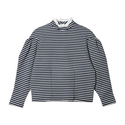 フリルネックピンボーダーパフスリーブトップス