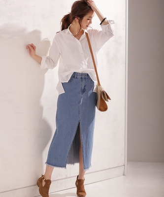 nano・universe フロントスリットフリンジデニムスカート