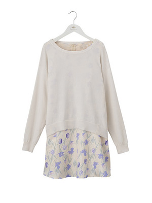 ニット×シャンタンプリントワンピースSET