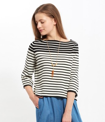 強撚ストレッチボーダーベルスリーブプルオーバー