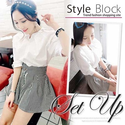 ホワイトシャツ&ストライプショートパンツセットアップ