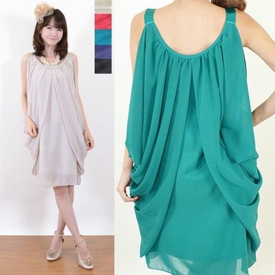 パールネックレス付きドレープシフォンパーティードレス