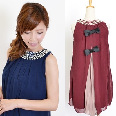 バックプリーツパール襟シフォンパーティードレス