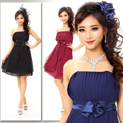 サテンリボン付きレイヤードシフォンパーティーミディドレス