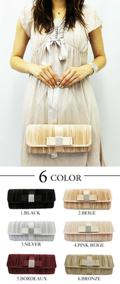 ラグジュアリーでレディーなデザイン♪ラインストーン★リボンモチーフサテンプリーツバッグ