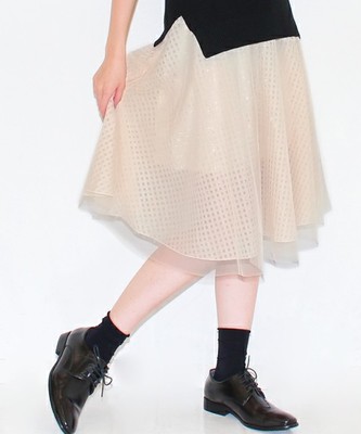 チュールカバードシャドーチェックフレアースカート