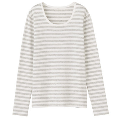オーガニックコットンストレッチクルーネック長袖Tシャツ（ボーダー）　婦人S・オフ白×杢ライトグレー
