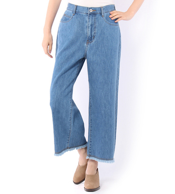 裾フリンジデニムバギーパンツ