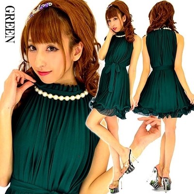 パールネック飾りシフォンプリーツミニパーティードレス