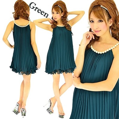 パールストラップシフォンプリーツミニパーティードレス