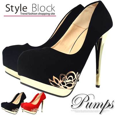 フラワーモチーフ付き前厚ピンヒールパンプス