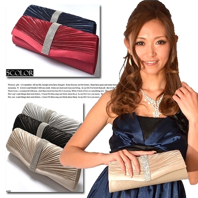 シルバー＆プリーツサテンパーティークラッチバッグ