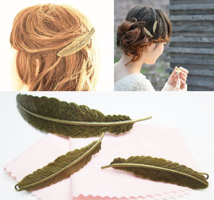 【MIKA&MAYA】 バレッタ セット ミニ ラージ 髪留め かわいい 大 小 フェザー / ヘアアクセサリー お手入れ 用 クロス セット (バレッタ フェザー 大 ブロンズ色 + 小 ブロンズ色 3個セット)