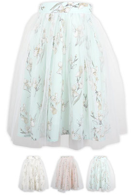 チュール×フラワープリント生地ミディアム丈フレアスカート