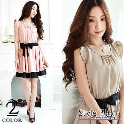 ウエストリボン裾レースバイカラーパーティードレス