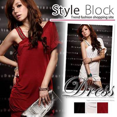 スタッズ付きワンショルダーパーティードレス