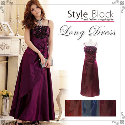 パーティーバラコサージュ付きポリエステルロングドレス