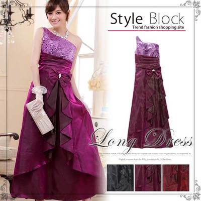 胸元スパンコール腰リボン付きワンショルロングドレス