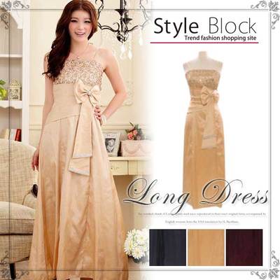 キラキララインストーンリボンロングパーティードレス