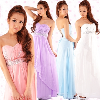 プリーツ入りストーンビジュー刺繍ロングドレス