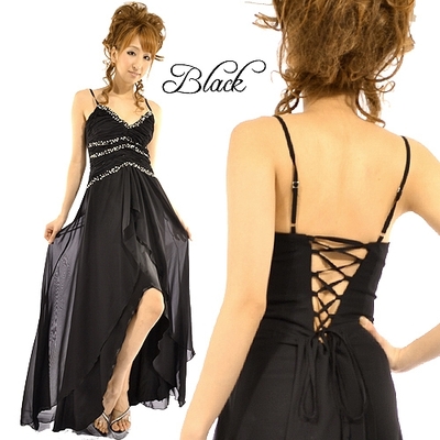 プリーツ＆ビジューテールカットロングドレス