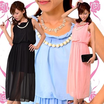 パールアクセ付きシフォンマキシ丈ワンピース