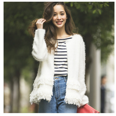 【Fringe knit cardigan】レディース フリンジ カーディガン
